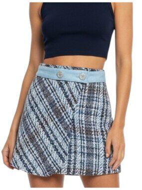 Zara Tweed Mini Skirt Blue Plaid High Waist XS
